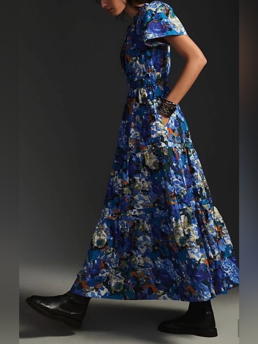ANTHROPOLOGIE somerset maxi tiered dress size medium in blue multi color